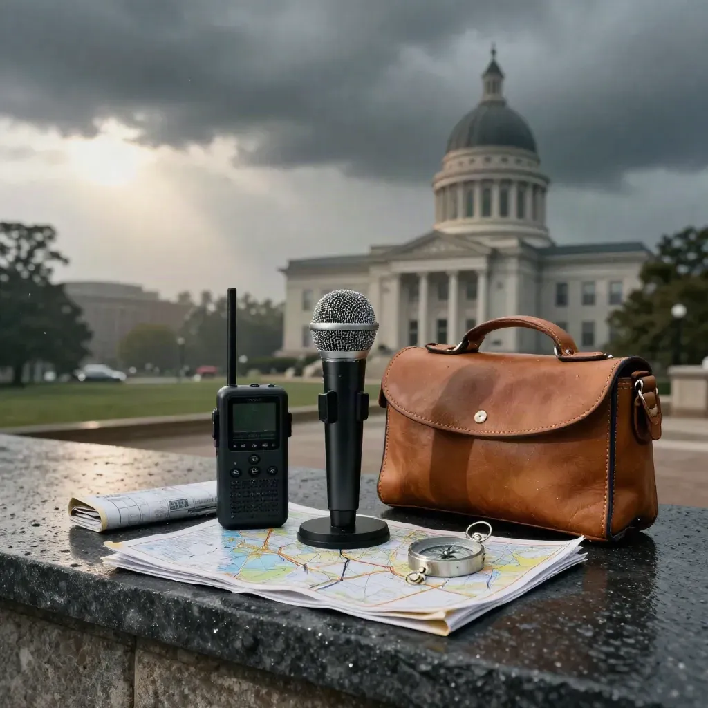 Field-reporting kit on a rain-slick ledge with courthouse dome and storm clouds at dawn.