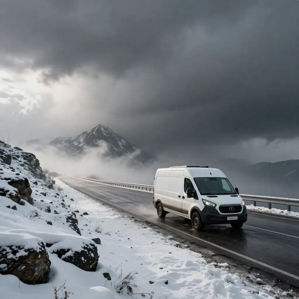 Snowy mountain pull-off with weather van as a storm wall sweeps across the pass.