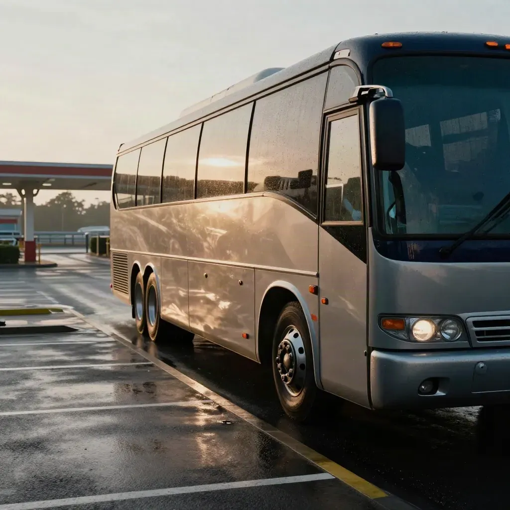 Wet coach bus at a highway service plaza after the morning rush, empty lanes and rain spray.