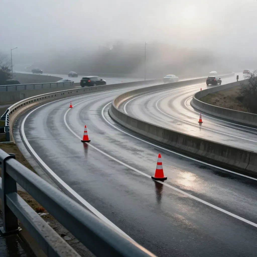 Overpass view of a wet interchange with detour cones, blurred cars, and low cloud