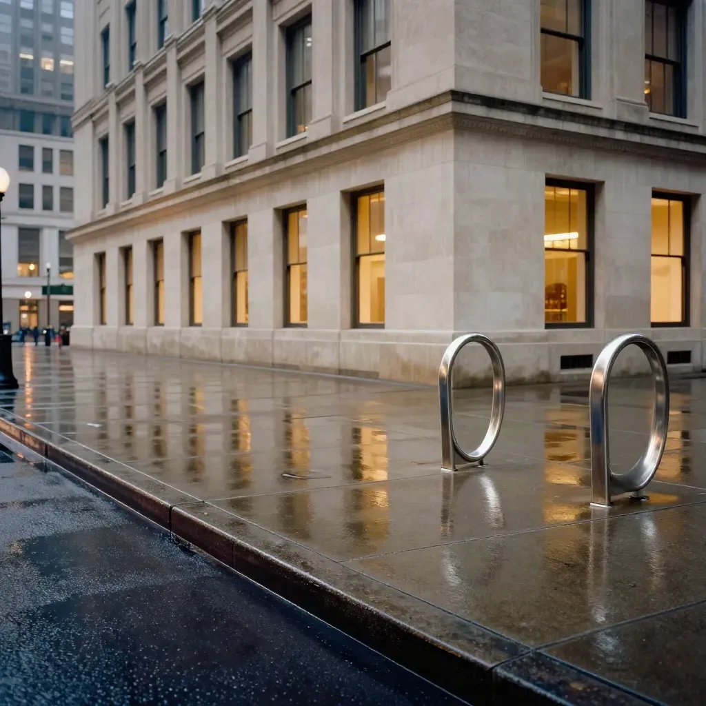 Wet city hall corner with glowing windows and bike racks after rain.