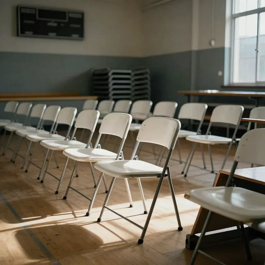 Empty school gym set for a board meeting, rows of white folding chairs and stacked tables under dramatic light.