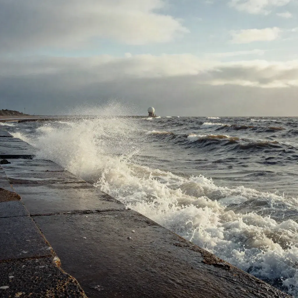 Choppy Atlantic surf along a seawall with a radar dome beyond and wind-blown spray.