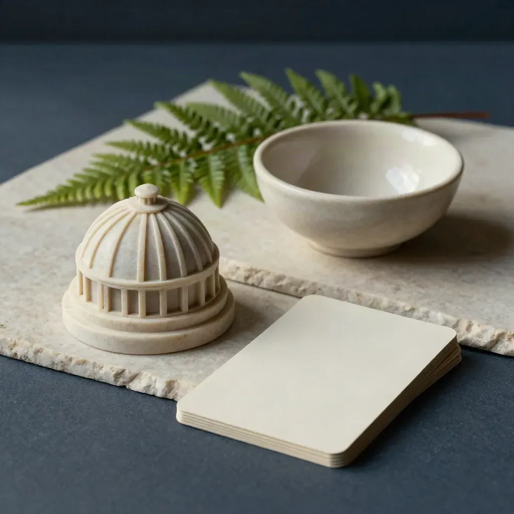Stone capitol dome paperweight with cards, bowl and fern on a pale plaster surface