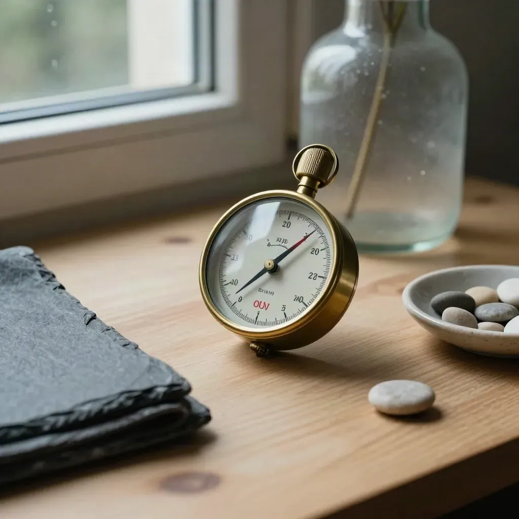 Brass barometer with cloudy vase, slate cloth and pebble dish on pale wood.